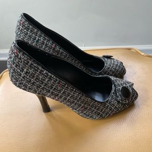 Chinese Laundry open toe tweed heels with button
